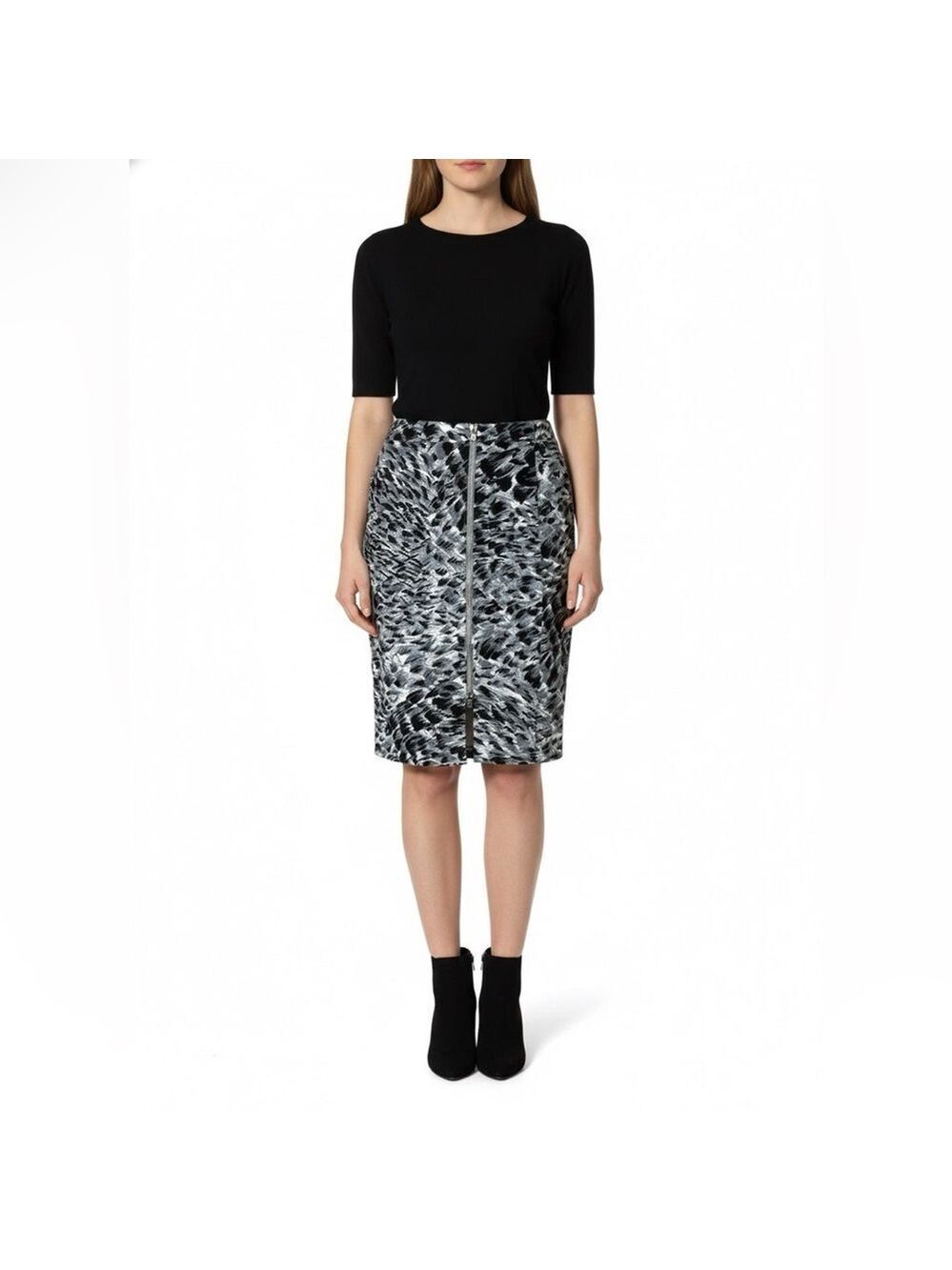 TALBOTS Petites 100% Cotton Black / Grey Watercolour Print Pencil Skirt Sz 6P